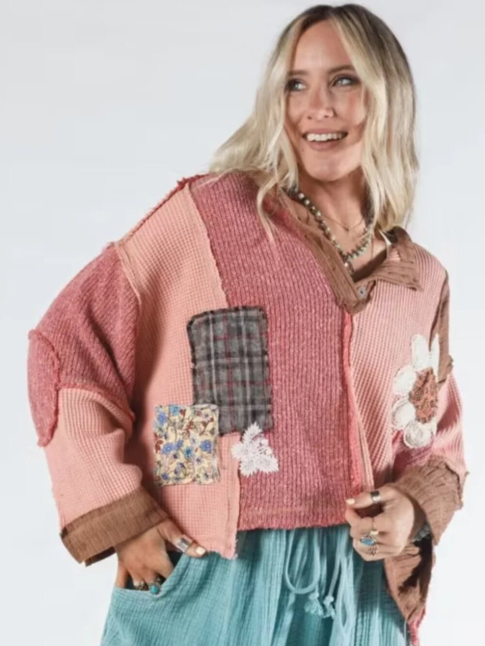 POL Patchwork Oversized Waffle Top Henley